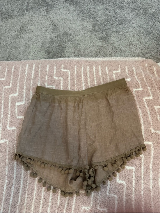 None Pants - Brown Linen-Blend Pom Pom Trim Shorts